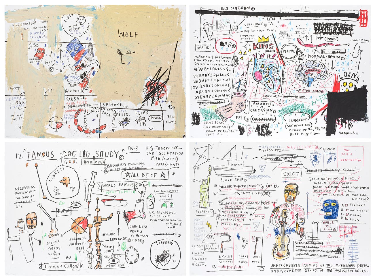 <p><strong>AFTER JEAN-MICHEL BASQUIAT</strong> <em>Wolf Sausage; King Brand; Dog Leg Study; and Undiscovered Genius,&nbsp;</em>$60,000&ndash;80,000</p>
