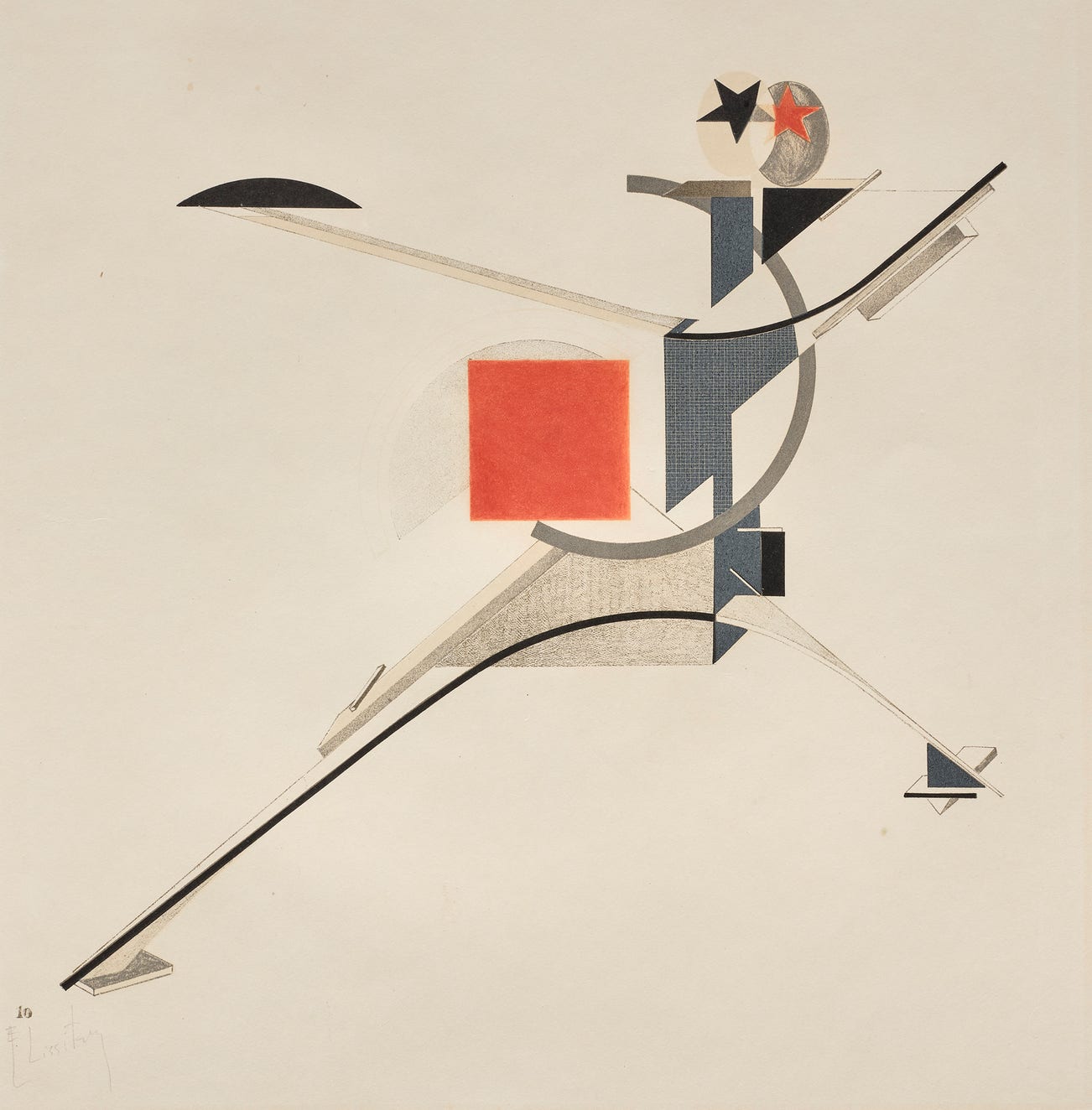 <p><strong>EL LISSITZKY</strong> <em>New Man, plate 10 from The Three-Dimensional Design of the Electro-Mechanical Show 'Victory over the Sun',</em> $15,000–25000</p>