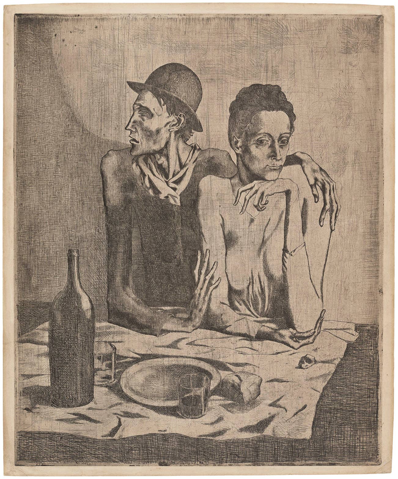 <p><strong>PABLO PICASSO</strong> <em>Le repas frugal (The Frugal Meal), plate 1 from La Suite des Saltimbanques,</em> $60,000–90,000</p>