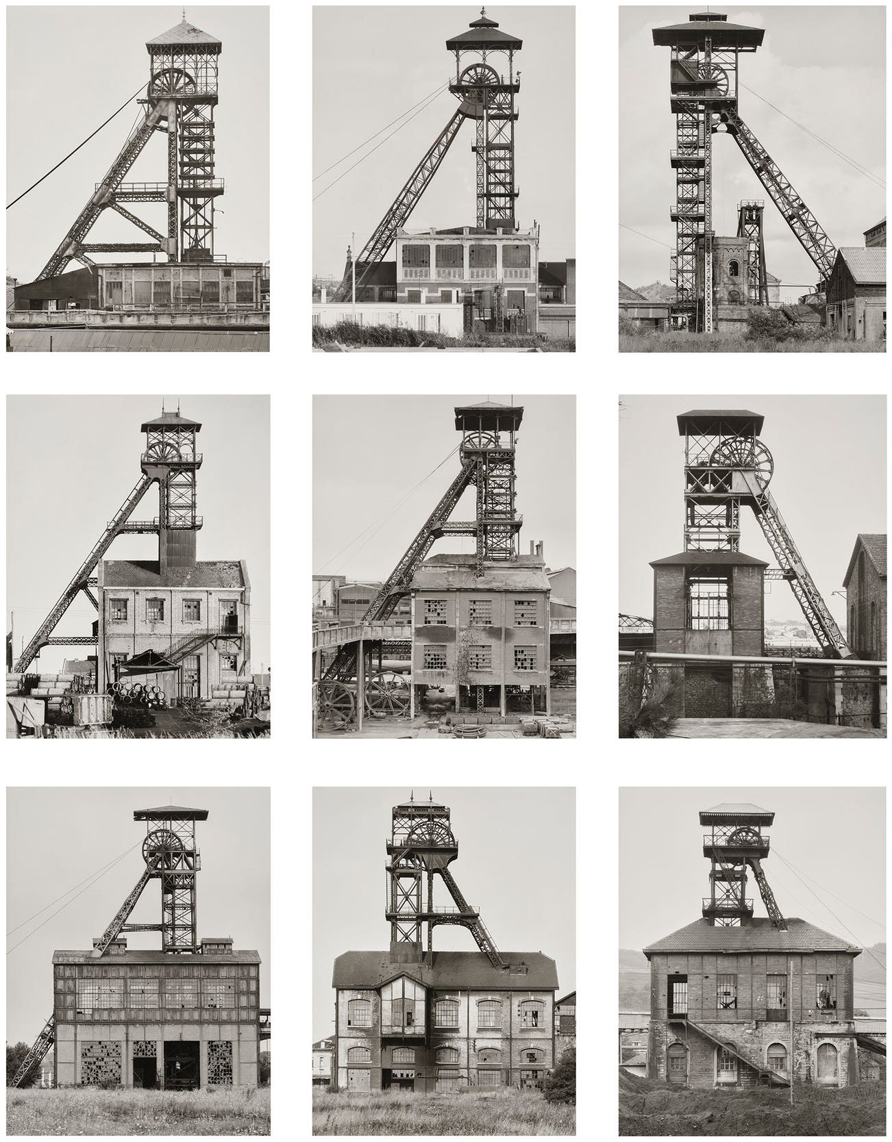 <p><strong>BERND AND HILLA BECHER</strong> <em>Winding towers, (Fördertürme) France, Belgium (9 Prints), </em>$100,000–150,000</p>