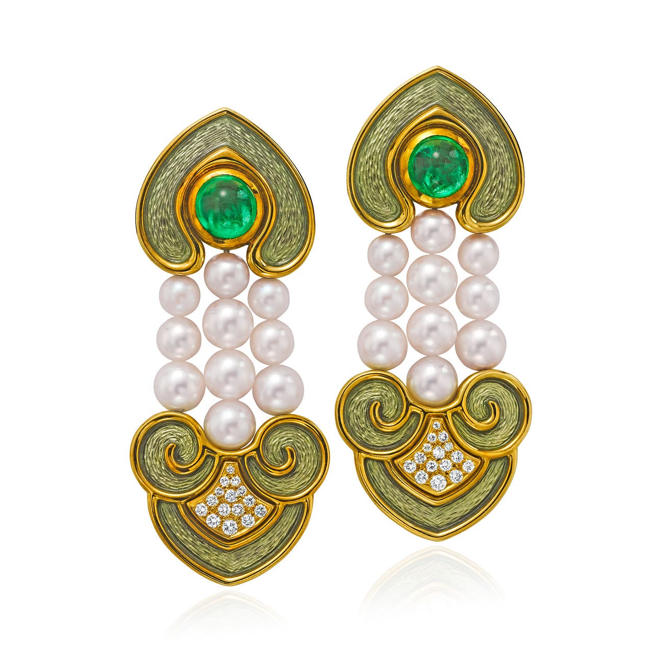 <p><strong>DE VROOMEN</strong> <em>Cultured Pearl, Emerald, Diamond and Enamel Earrings,</em> $2,000&ndash;4,000</p>
