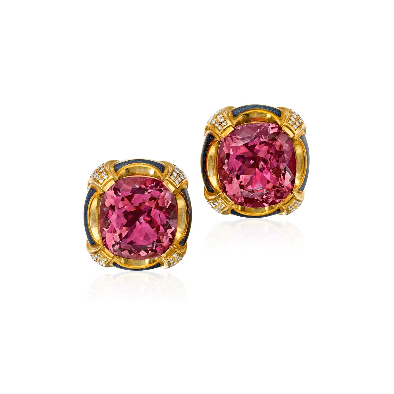 <p><strong>DE VROOMEN</strong> <em>Pink Tourmaline, Diamond, Enamel and Gold Earrings,</em> $2,000–4,000</p>