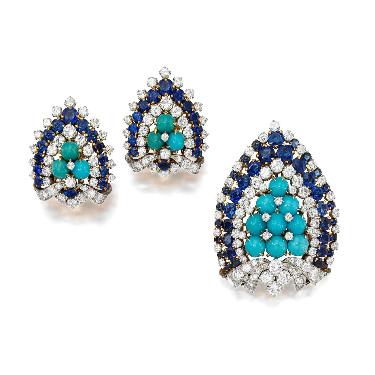 <p><strong>BULGARI </strong><em>Turquoise, Sapphire and Diamond Brooch and a Pair of Ear Clips,</em> $20,000 – 30,000</p>
