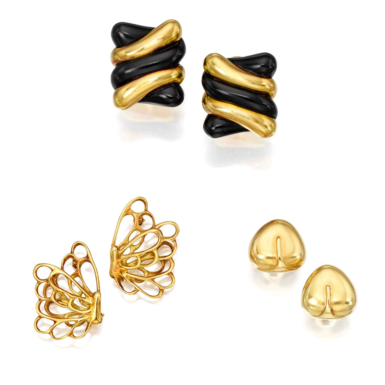 <p><strong>ANGELA CUMMINGS</strong> <em>Group of Gold Ear Clips and Pair of Brooch Clips,</em> $5,000–7,000</p>