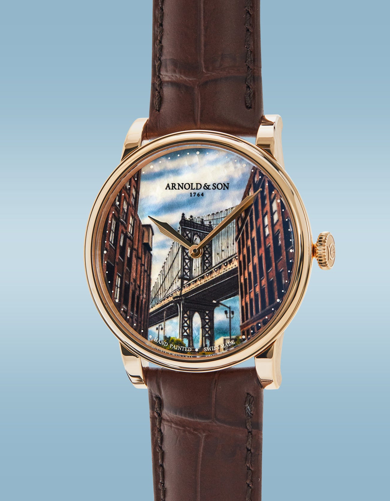 <p><strong>Arnold &amp; Son. </strong>Pink gold wristwatch with &ldquo;Manhattan Bridge&rdquo; dial, created for the <em>Horological Society of New York</em>, circa 2021. <strong>No Reserve Lot.&nbsp;</strong>Estimate: $5,000 to $10,000</p>
