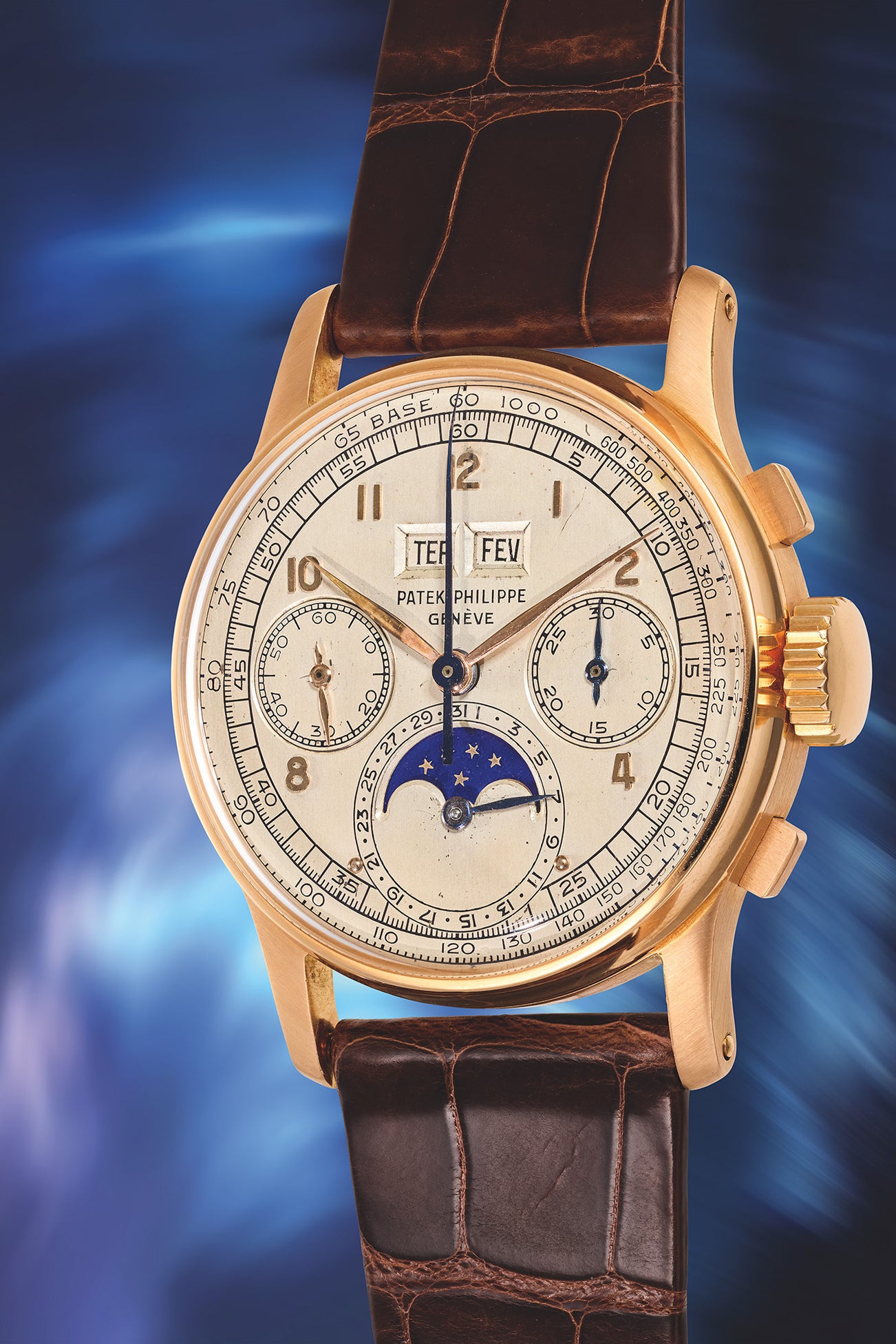 <p><strong>PATEK PHILIPPE</strong> <em>Reference 1518, an astounding and museum-quality 18K pink gold perpetual calendar chronograph wristwatch with Portuguese calendar, circa 1948 and fresh-to-the-auction-market,</em> $1,200,000&ndash;2,400,000 USD</p>
