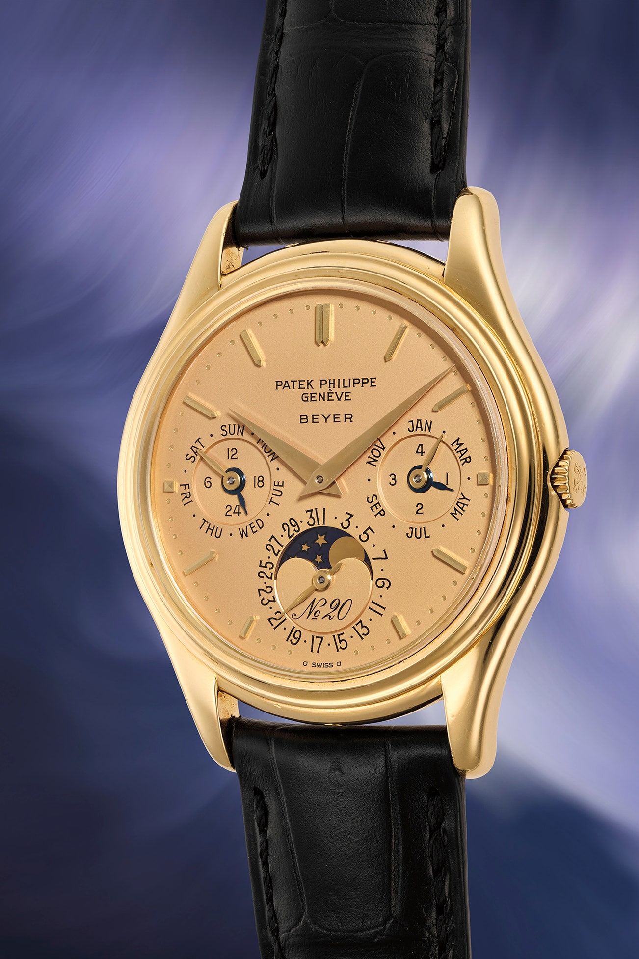 <p><strong>PATEK PHILIPPE</strong> <em>Exceptionally rare and historically important reference 3940J, retailed by Beyer in 18K yellow gold with "dor&eacute;" dial and full set, No. 20, circa 1985,</em> $300,000&ndash;600,000 USD</p>
