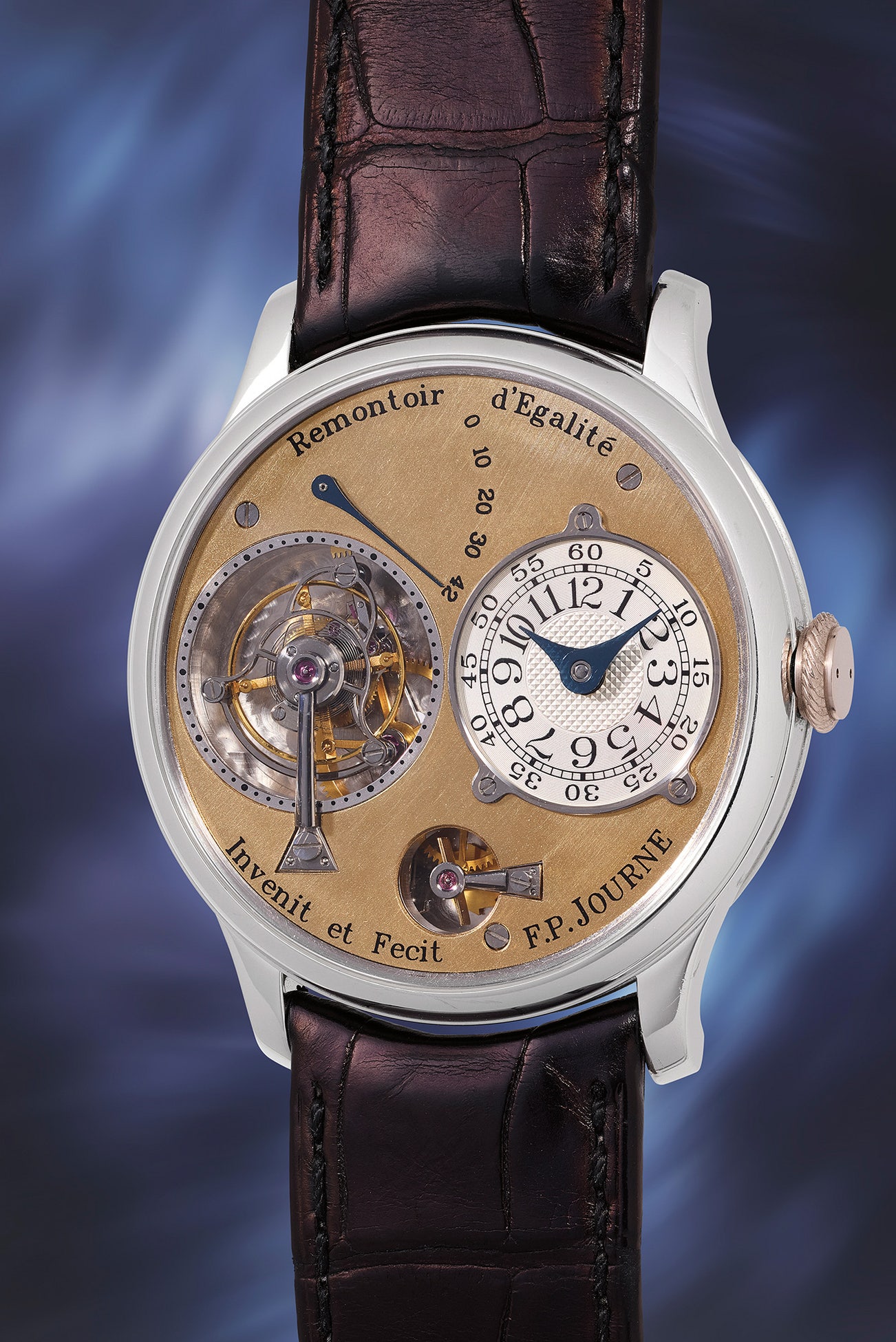 <p><strong>F.P. JOURNE.</strong> <em>Tourbillon Souverain "Second Generation" No. 36/99T in platinum</em>, $600,000 -1,200,000</p>
