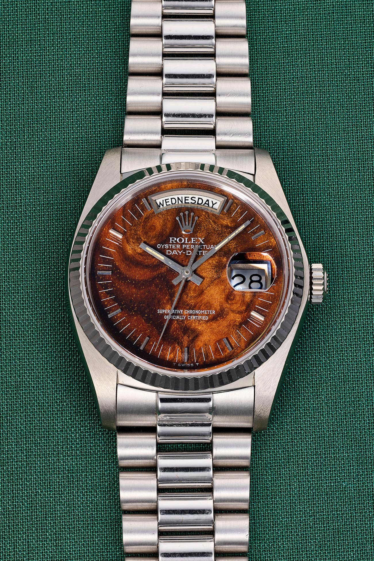 <p>ROLEX <em>Day-Date ref. 18039, 18K white gold with wood dial</em></p>
