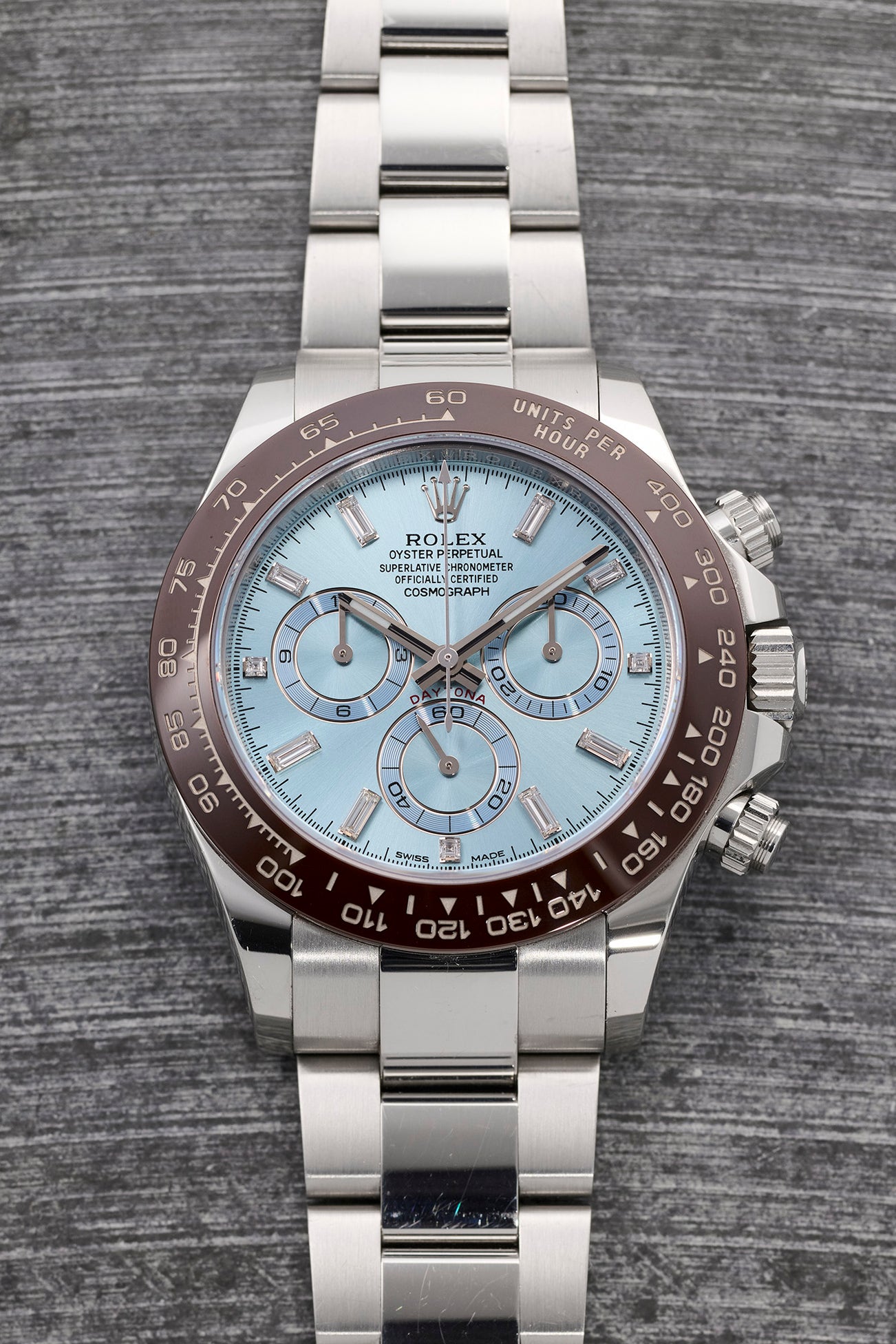 <p><strong>ROLEX</strong> <em>Ref. 116506 Cosmograph Daytona, platinum, $</em>70,000 - 140,000 USD</p>