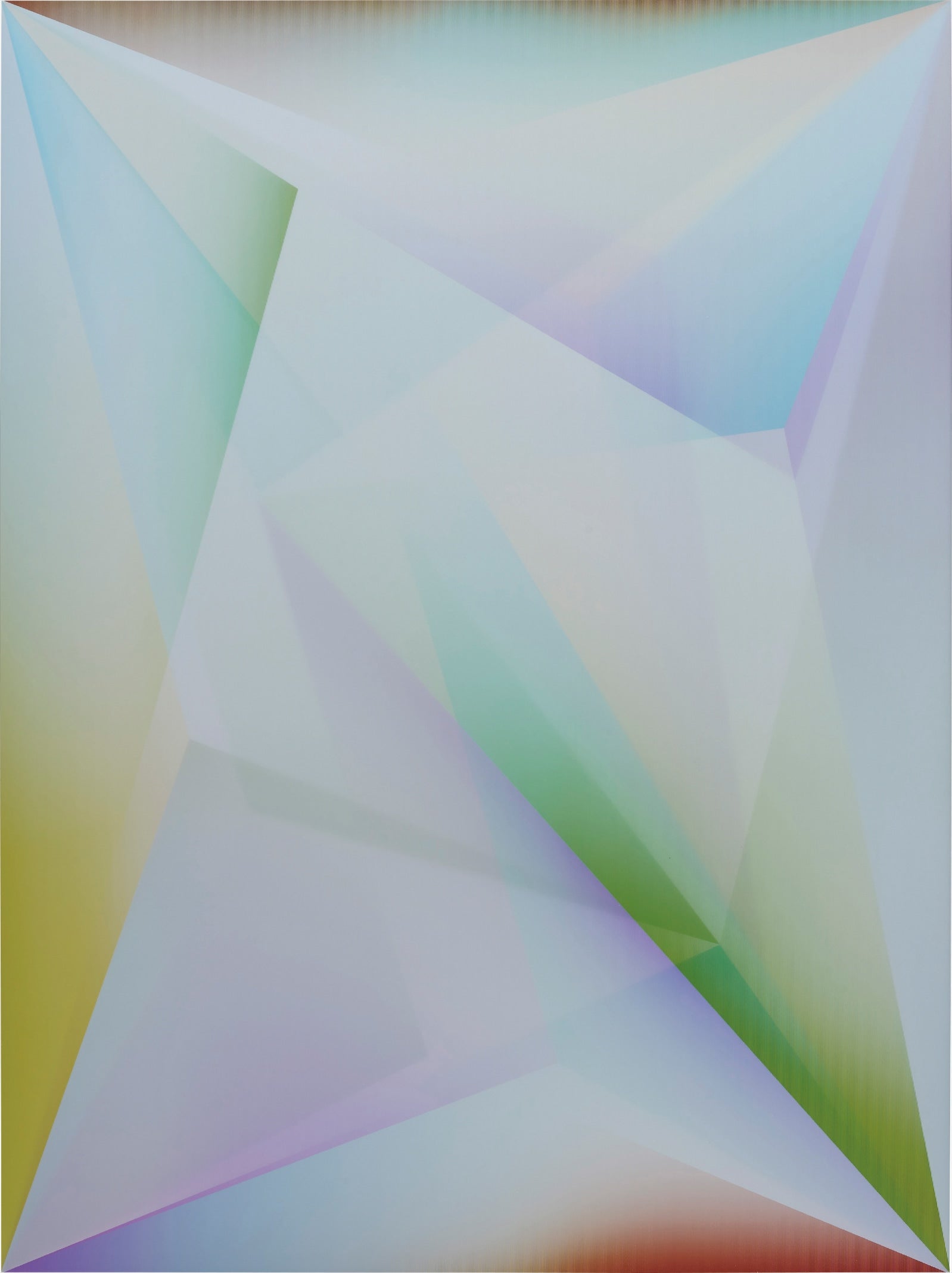 A lenticular print of pale crossing triangles in mint, lilac and green with rust corners