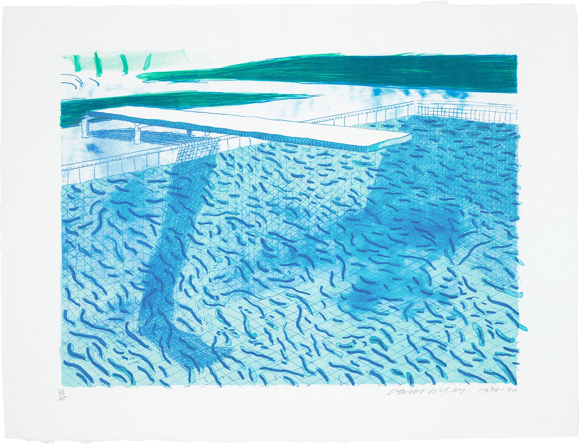 Lithograph of Water Made of Thick and Thin Lines and Two Light Blue Washes