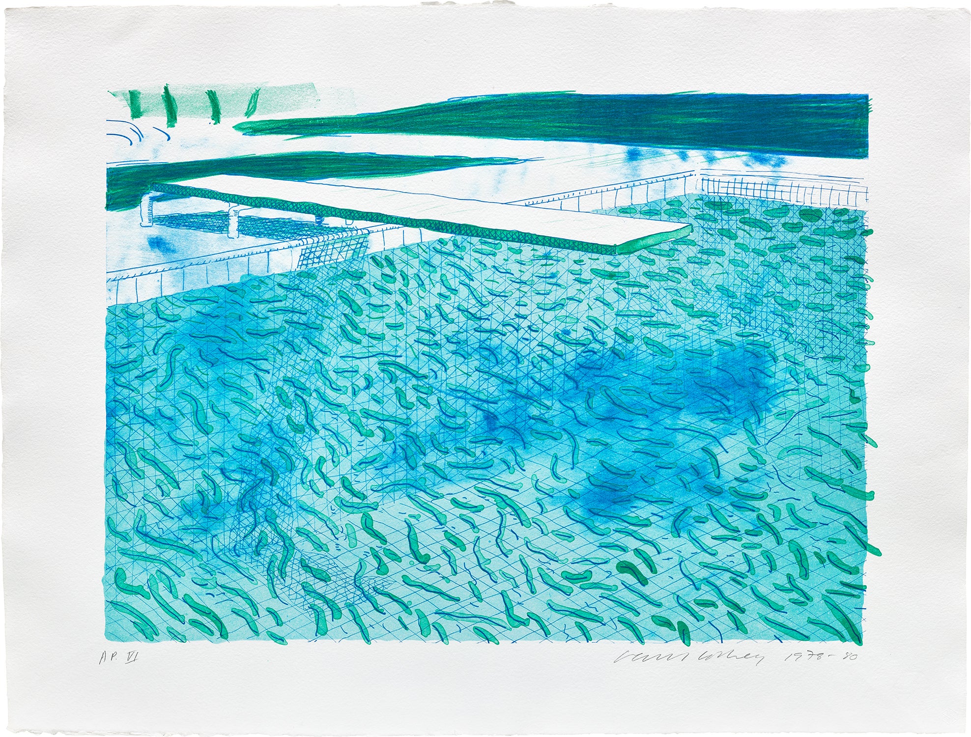 Lithograph of Water Made of Lines, a Green Wash, and a Light Blue Wash