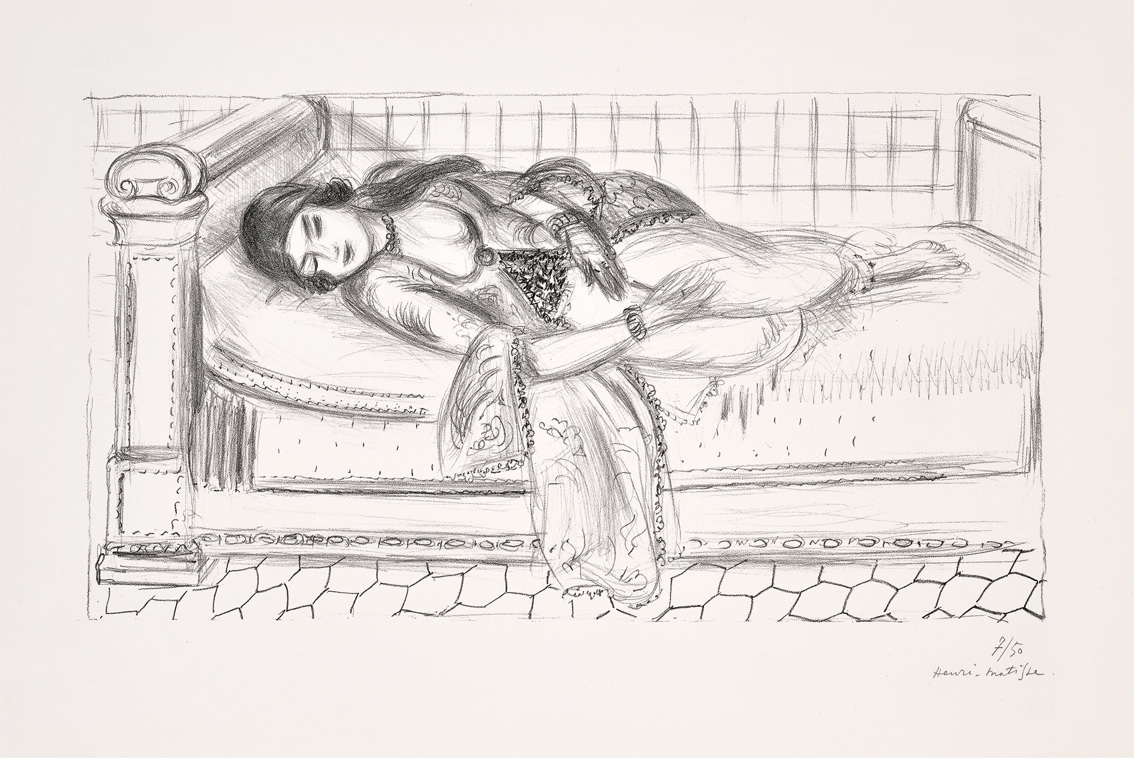 Orientale sur lit de repos, sol de carreaux rouges (Oriental on a Day Bed, Red Tiled Floor) (D. 513)