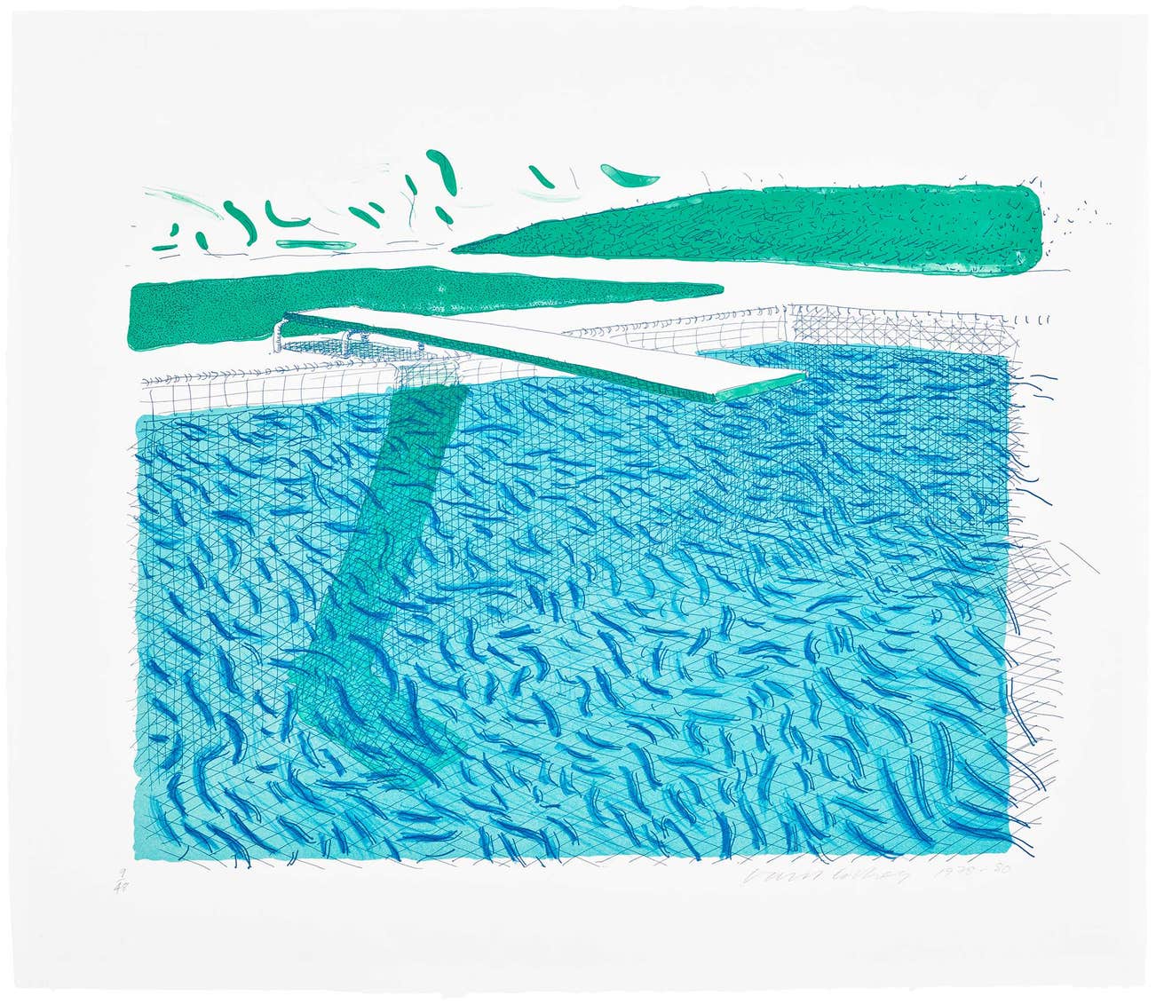 <p><strong>DAVID HOCKNEY</strong> Lithographic Water Made of Lines, Crayon, and a Blue Wash, &pound;100,000&ndash;150,000</p>

