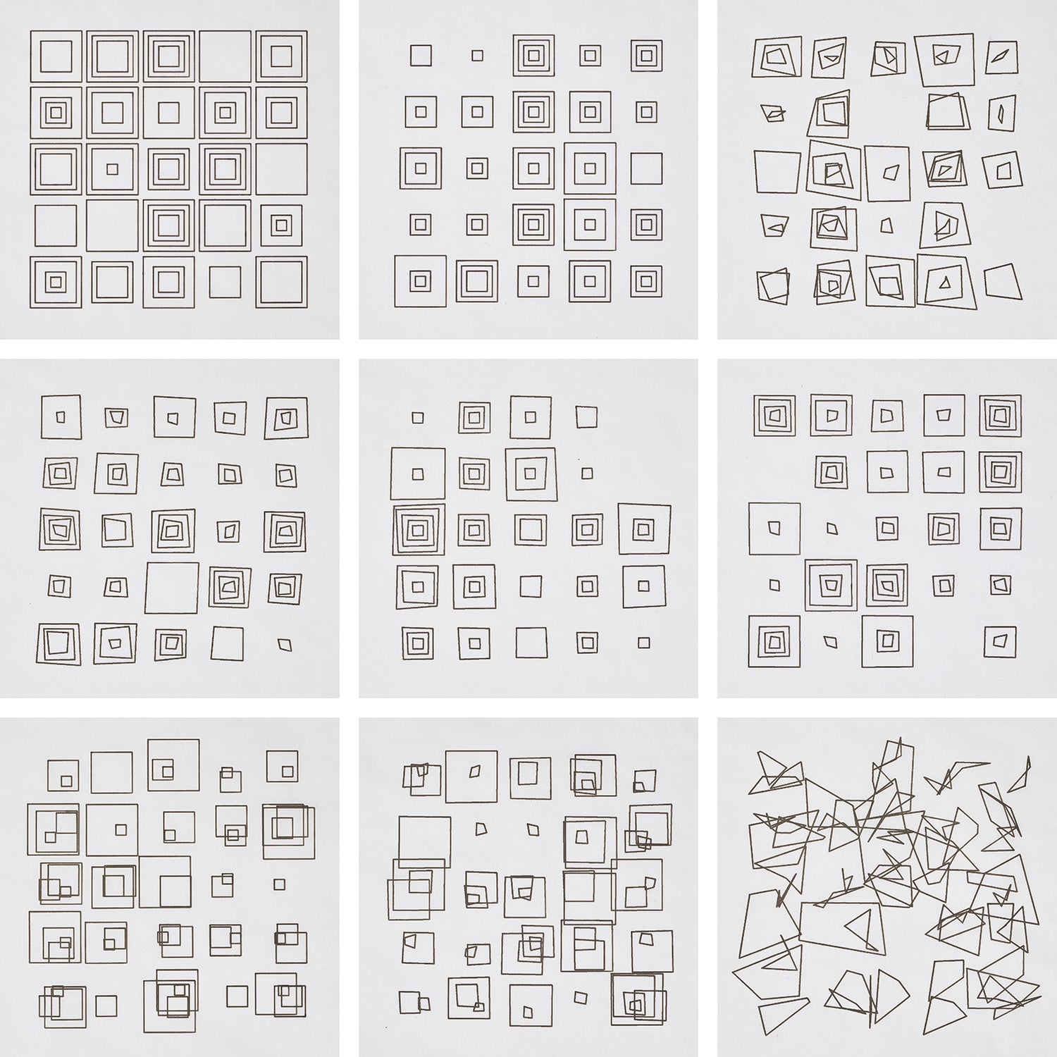 Nine plotter drawings in a grid: rows of concentric squares that grow more broken and tangled