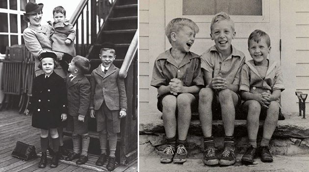 [left] Mary Rockwell, her three sons, and an unidentified girl aboard the SS Bremen, en route to London, March 1938. Courtesy of Jarvis Rockwell. [right] Norman Rockwell’s sons (from left) Thomas, Jarvis and Peter in Vermont, early 1940s.