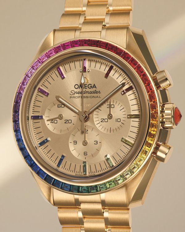 Lot 40: A 2025 Omega Ref. 310.55.42.50.99.002 Speedmaster Professional Moonwatch “Rainbow, Moonshine Gold” set with sapphires, included in the Phillips New York Auction: XIV. Estimate: $100,000–200,000