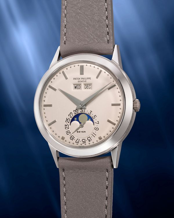Lot 1097: A 1972 Patek Philippe Ref. 3448 Padellone “Tokyo White” in 18k white gold, included in the Phillips Hong Kong Watch Auction: XXII. Estimate: HKD $6,000,000–12,000,000