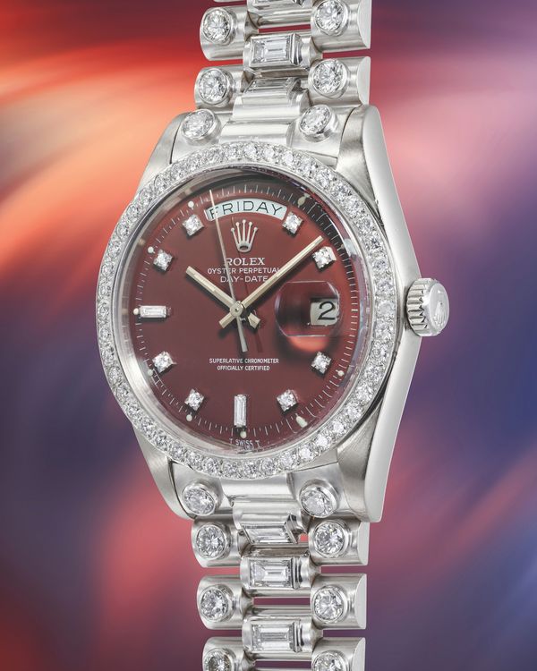 Lot 87 A circa 1973 Rolex Day-Date "Octopussy" Ref. 1804 in 18k white gold and diamonds, included in the Phillips Geneva Watch Auction: XXIII. Estimate: CHF 80,000 - 160,000