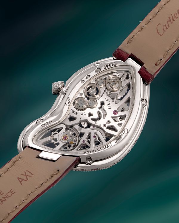 Lot 853: A 2017 Crash Squelette No. 1 in diamond-and-ruby-set platinum, included in the Phillips Hong Kong Watch Auction: XXII. Estimate: HK$1,000,000 - 2,000,000