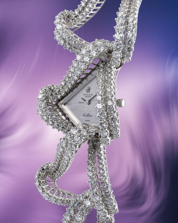 Lot 153 A circa 1970 Rolex Cellini "Maha" Ref. 3393 in platinum and diamonds, included in the Phillips Geneva Watch Auction: XXIII. Estimate: CHF 50,000 - 100,000