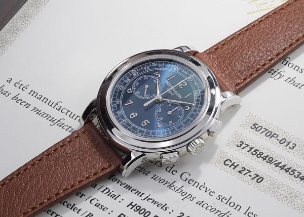 A 2016 Patek Philippe Chronograph Ref. 5070P-013 'Saatchi Edition' in platinum with a blue dial, included in the Phillips Geneva Watch Auction: XXIII.