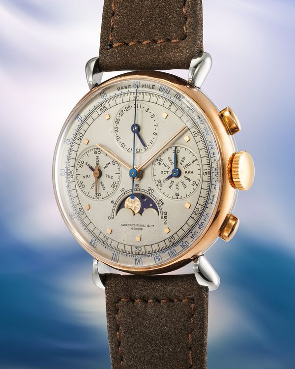 Lot 26: A 1942 Audemars Piguet Ref. 5503 in stainless steel and 14k pink gold, included in the Phillips Geneva Watch Auction: XXIII. Estimate: CHF 400,000 - 800,000