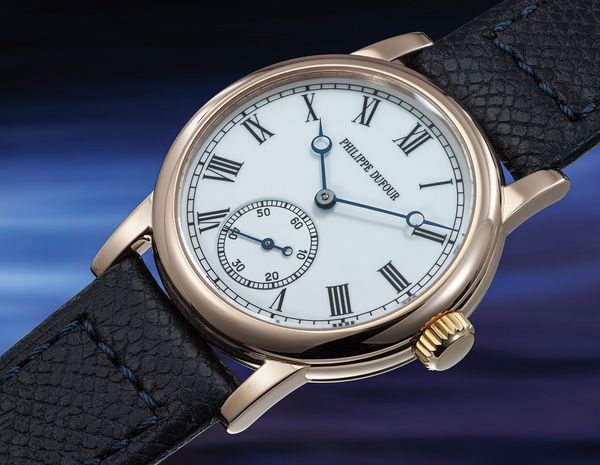 A Philippe Dufour Simplicity "Prototype 000" from 2000 in 18k pink gold with white lacquer dial.