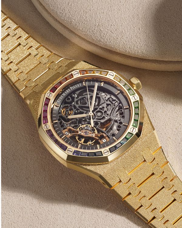 Lot 107: An Audemars Piguet Royal Oak Frosted Gold Double Balance Wheel Openworked “Rainbow” in yellow gold, included in the PHILLIPS New York Watch Auction: XIV. Estimate: US$200,000–400,000.