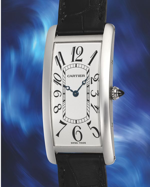 Lot 13: A Cartier Tank Cintrée “Collection Privé, Cartier Paris”, circa 2004 in platinum, included in the PHILLIPS New York Watch Auction: XIV. Estimate: US$40,000–80,000.