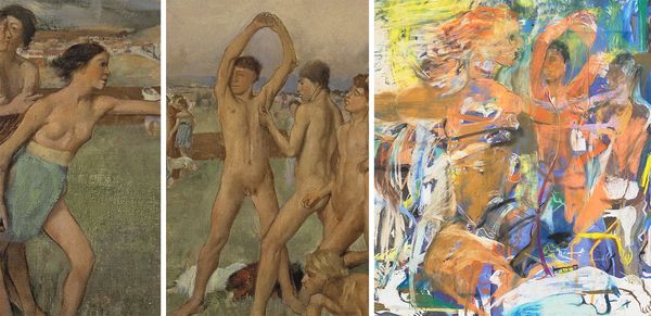 Left and Center: Edgar Degas, Young Spartans Exercising (details), 1860. Right: Cecily Brown, Untitled (Young Spartans) (detail), 2015