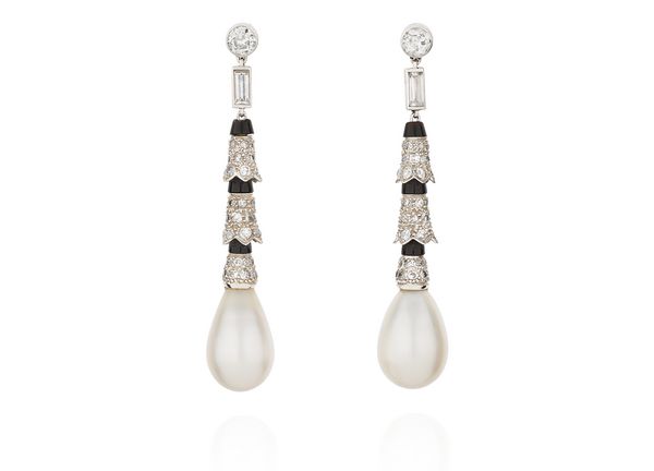 Pair of natural pearl, onyx and diamond earrings.
