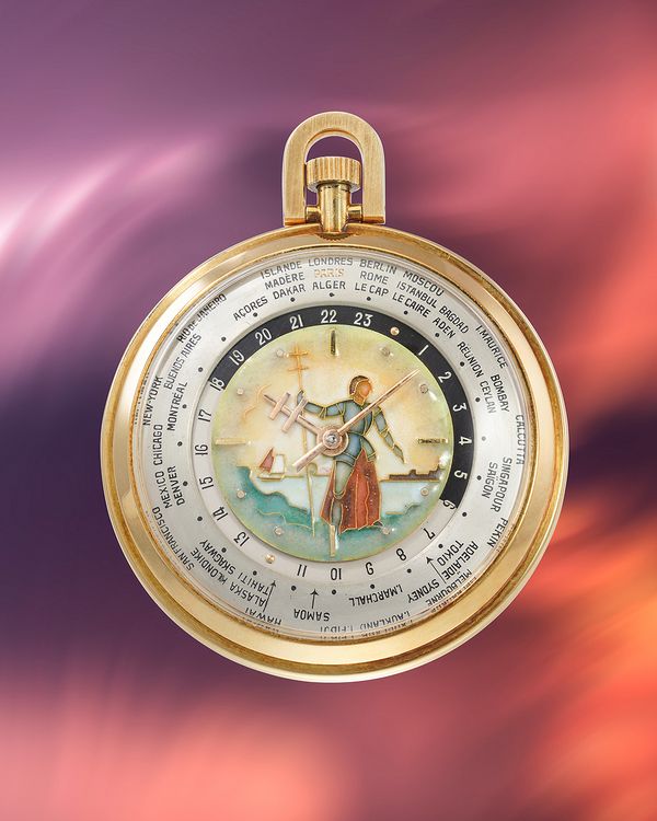 A1945 Agassiz Watch Co. World-Time Pocket Watch in 18k yellow gold with polychrome cloisonné enamel dial, gifted to General Charles de Gaulle, and included in the Phillips Geneva Watch Auction: XXIII.