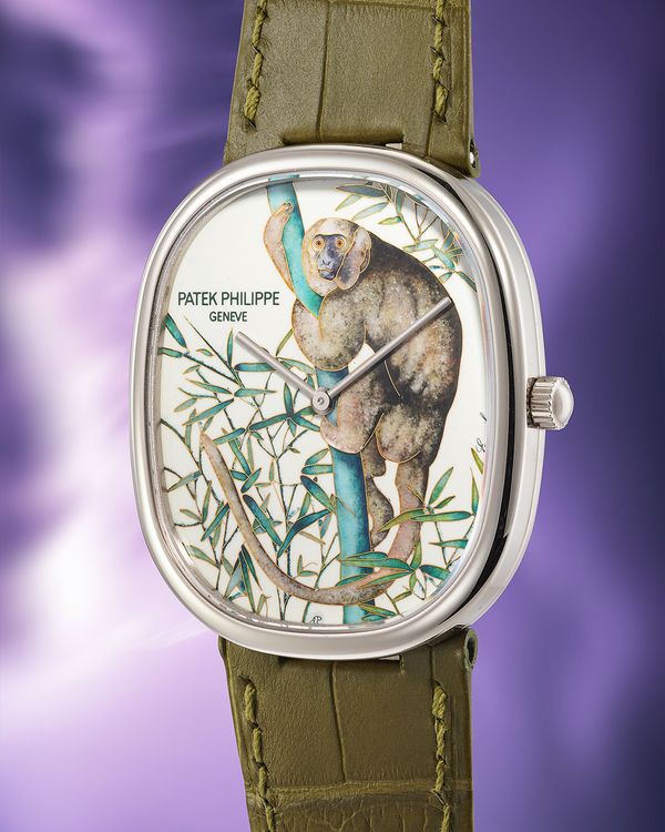 2023 Patek Philippe Golden Ellipse Rare Handcrafts 'Callithrix' Edition Ref. 5738/50G-019 in 18k white gold with cloisonné and miniature enamel dial, included in the Phillips Geneva Watch Auction: XXIII.