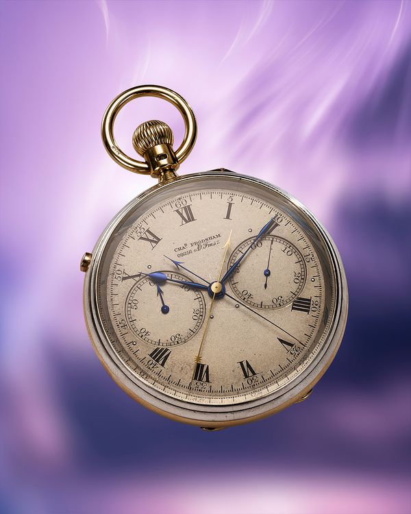A 1909 Charles Frodsham split-seconds chronograph tourbillon pocket watch in silver and 18k pink gold that's included in the Phillips Geneva Watch Auction: XXIII.