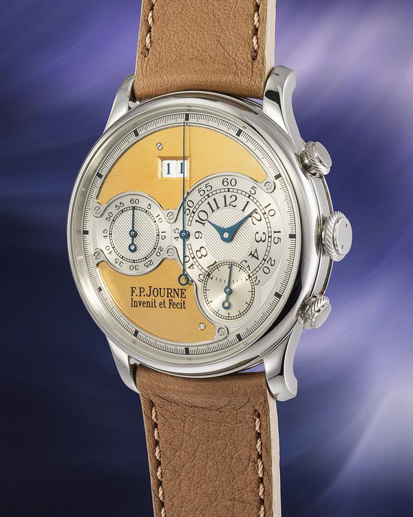 A 2001 F.P. Journe Octa Chronographe in platinum with brass movement, straight Côtes de Genève movement finish, and 'Shiny' 18k yellow gold dial, included in the Phillips Geneva Watch Auction: XXIII.