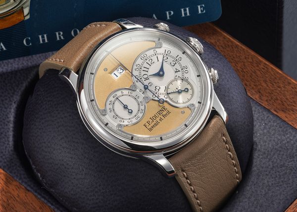 A 2001 F.P. Journe Octa Chronographe in platinum with brass movement, straight Côtes de Genève movement finish, and 'Shiny' 18k yellow gold dial, included in the Phillips Geneva Watch Auction: XXIII.