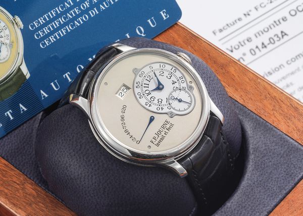 A 2003 F.P. Journe Octa Réserve de Marche 'Souscription,' No. 14, in platinum that's included in the Phillips Geneva Watch Auction: XXIII.