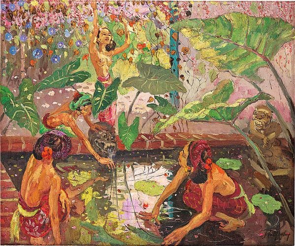 Painting by Adrien-Jean Le Mayeur de Merprès, By the Lotus Pond