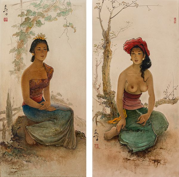Two paintings of a woman by Lee Man Fong