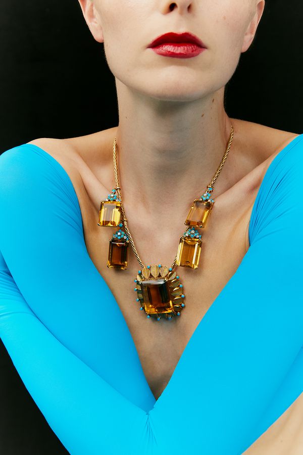 1960s style Cartier designed necklace with citrines, turquoise, and diamonds
