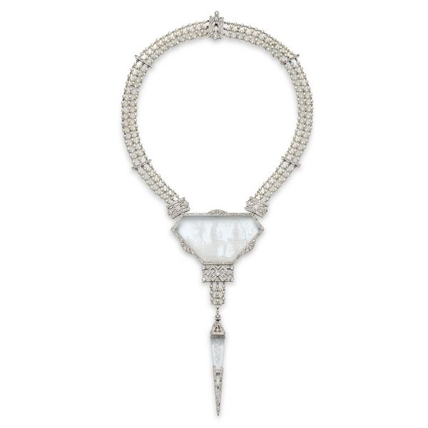 1910s style diamond, crystal, and seed pearl necklace