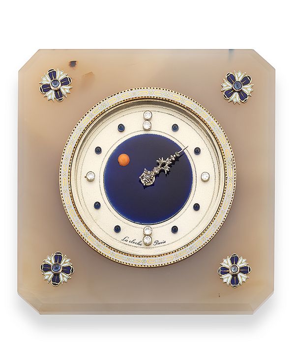 Laloche, Agate, enamel, sapphire and diamond desk timepiece.