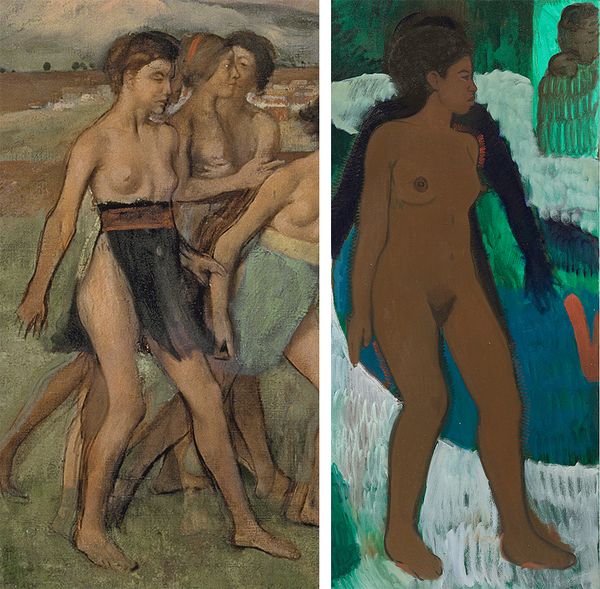 Left: Edgar Degas, Young Spartans Exercising (detail), 1860. Right: Sahara Longe, Loneliness (detail), 2022