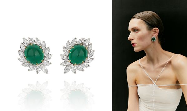 Van Cleef & Arpels, Pair of emerald and diamond ear clips, weighing 18.42 and 19.08 carats