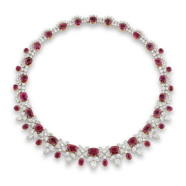 Lot 388: Ruby and diamond necklace. Burmese rubies, no heat. Estimates: CHF240,000–400,000 / US$300,000–500,000.