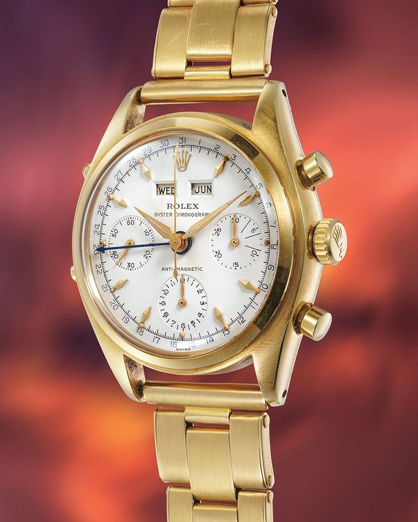 A circa 1955 Rolex 'Datocompax Killy' Ref. 6036 in 18k yellow gold that's included in the Phillips Geneva Watch Auction: XXIII.