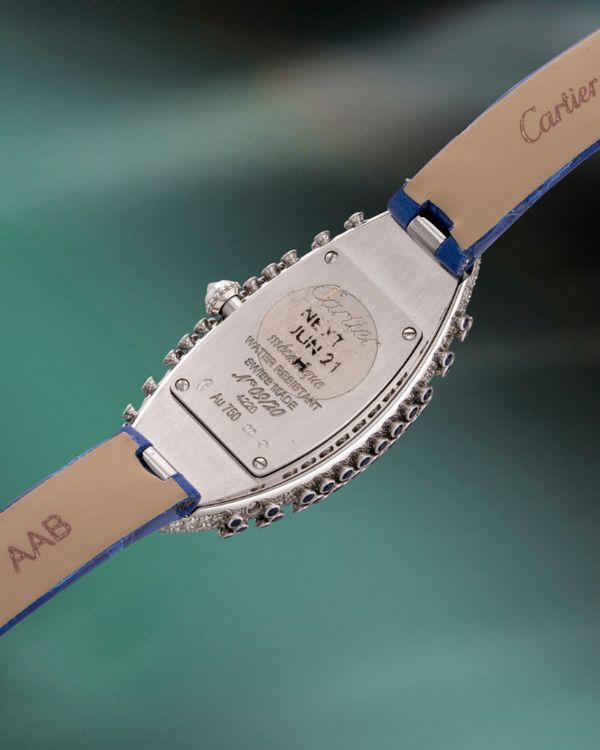 Lot 1057: A circa 2019 Libre Baignoire Allongée with pavé-set diamonds and blue sapphires, 18k white gold, included in the Phillips Hong Kong Watch Auction: XXII. Estimate: HK$300,000 -600,000.