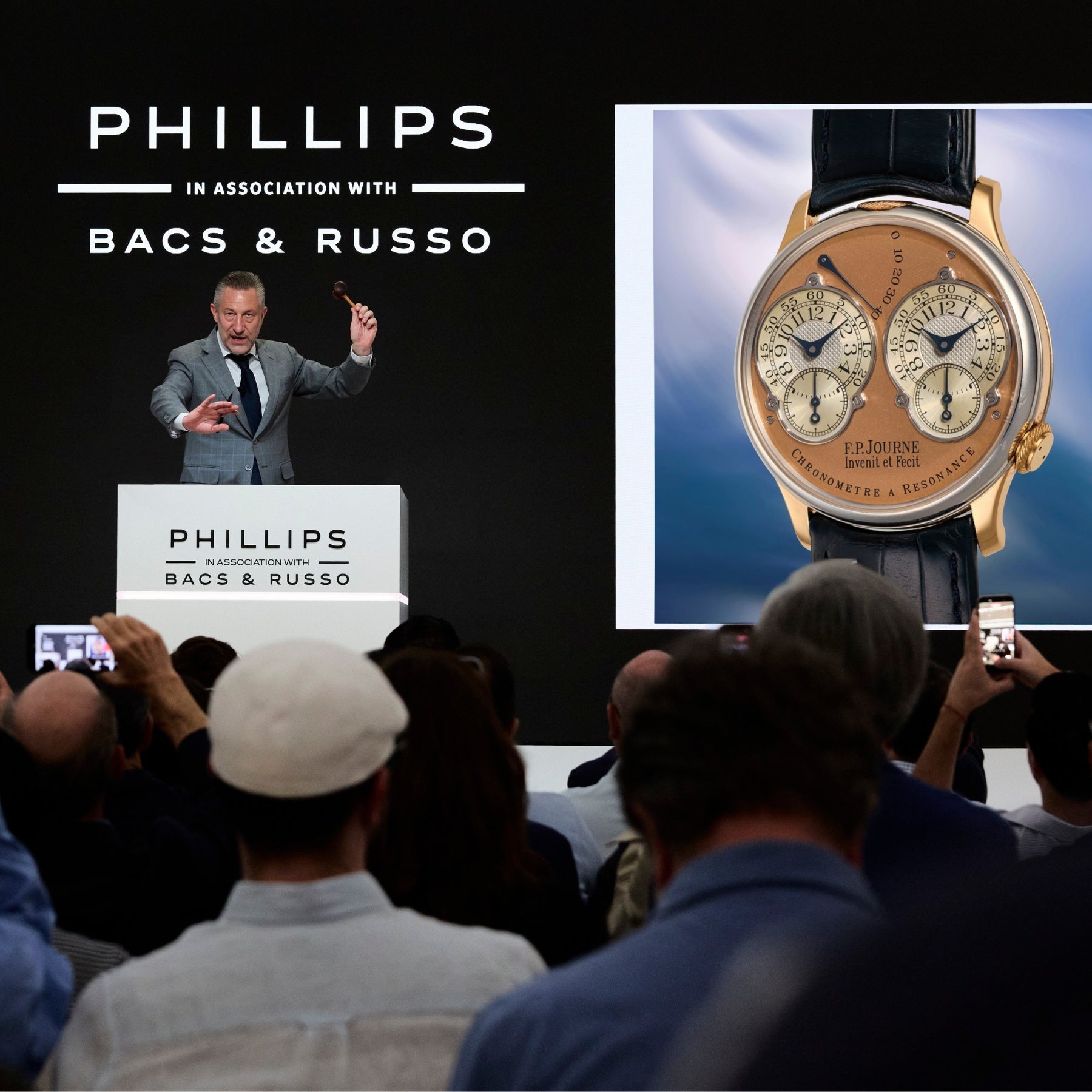 Aurel Bacs at the rostrum as the F.P. Journe Chronomètre à Résonance “Souscription, No. 007” sold for $13,922,000 at The New York Watch Auction: XIV.